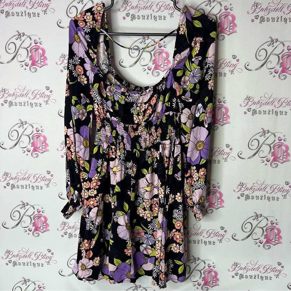 AFRM dress flowers Black green orange Purple Floral long sleeve milkmaid XS
